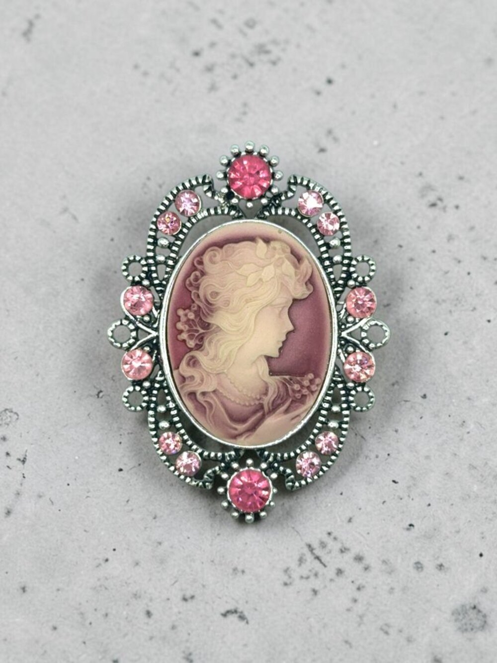 Silver-Tone Cameo Brooch with Pink Rhinestones